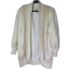 Vintage Imago Cream Rose Lace‎ Embellished Cardigan Sweater Medium Mohair Blend